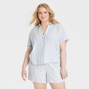Universal Thread Linen Blend Blue & White Striped V-Neck Button Tab Sleeve Top
